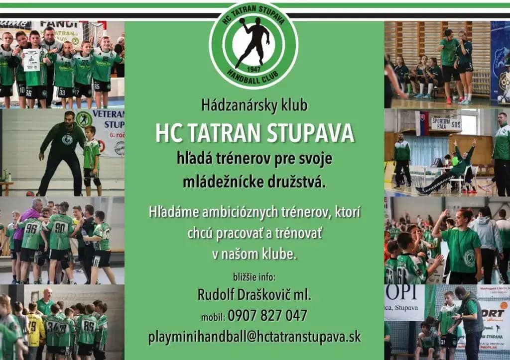 HC TATRAN STUPAVA HĽADÁ HÁDZANÁRSKYCH TRÉNEROV A TRÉNERKY